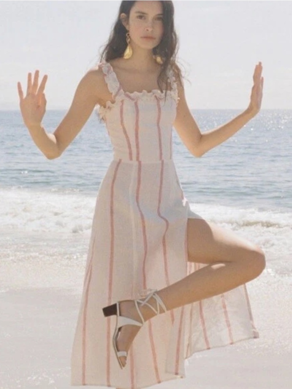 Reformation Linen Stripe Midi Dress Ruffle Strap Slit Size 10